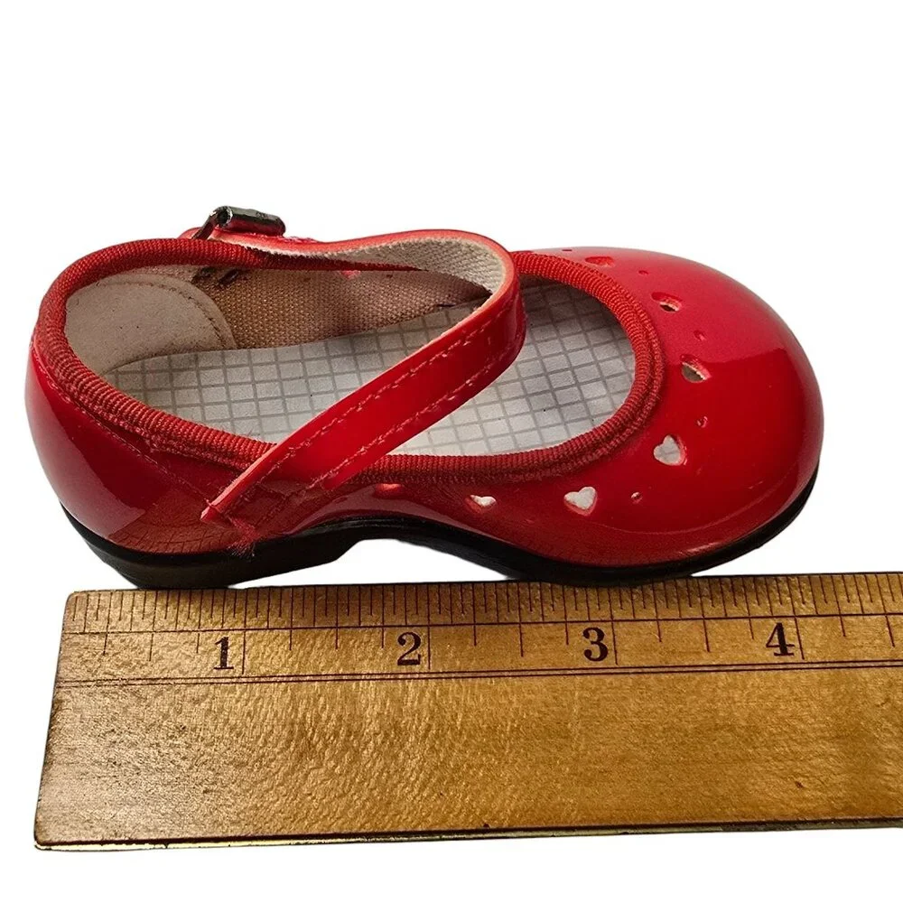 VTG Red Patent Leather Look Baby Girl Mary Jane Shoes Heart Cutouts Buckle USA